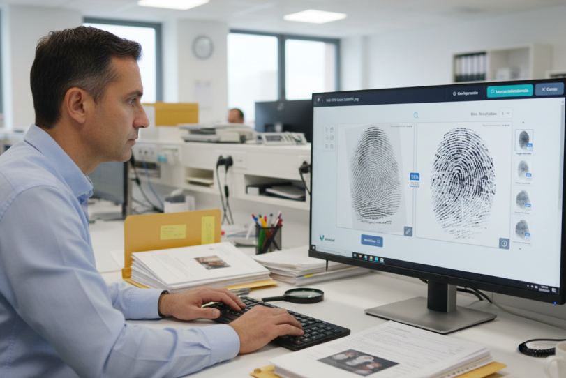 Perito forense sentado en su escritorio de oficina, analizando y comparando dos imágenes digitales de huellas dactilares expuestas lado a lado en la pantalla de una computadora.