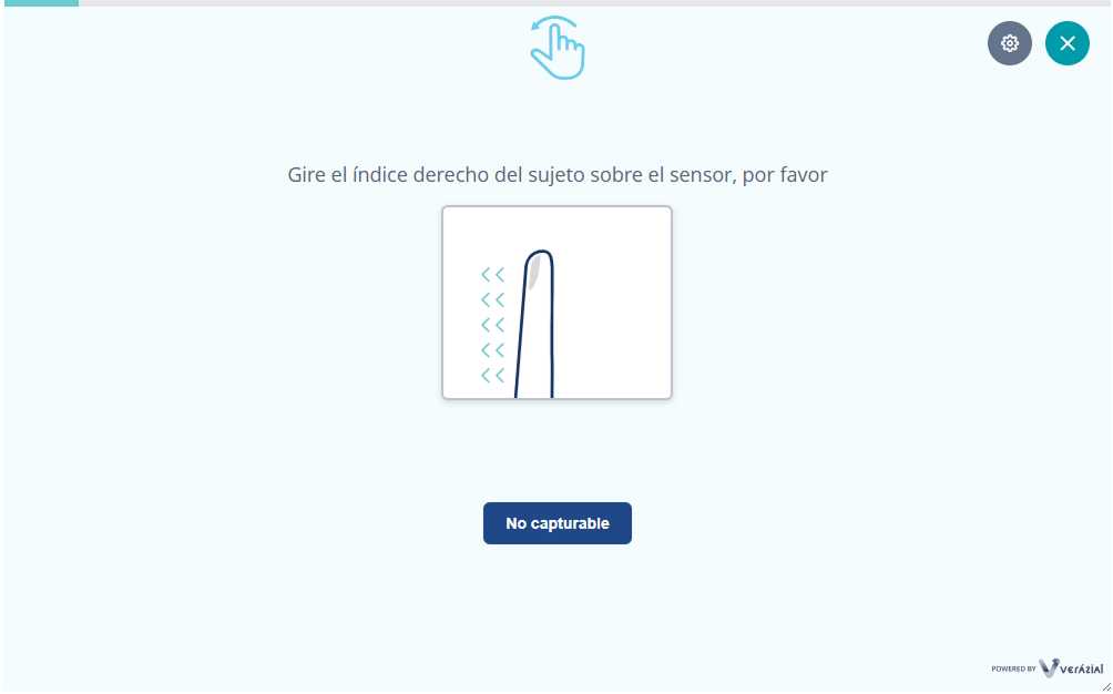 Interface del widget enroll mostrando la toma de la captura de una huella rolada