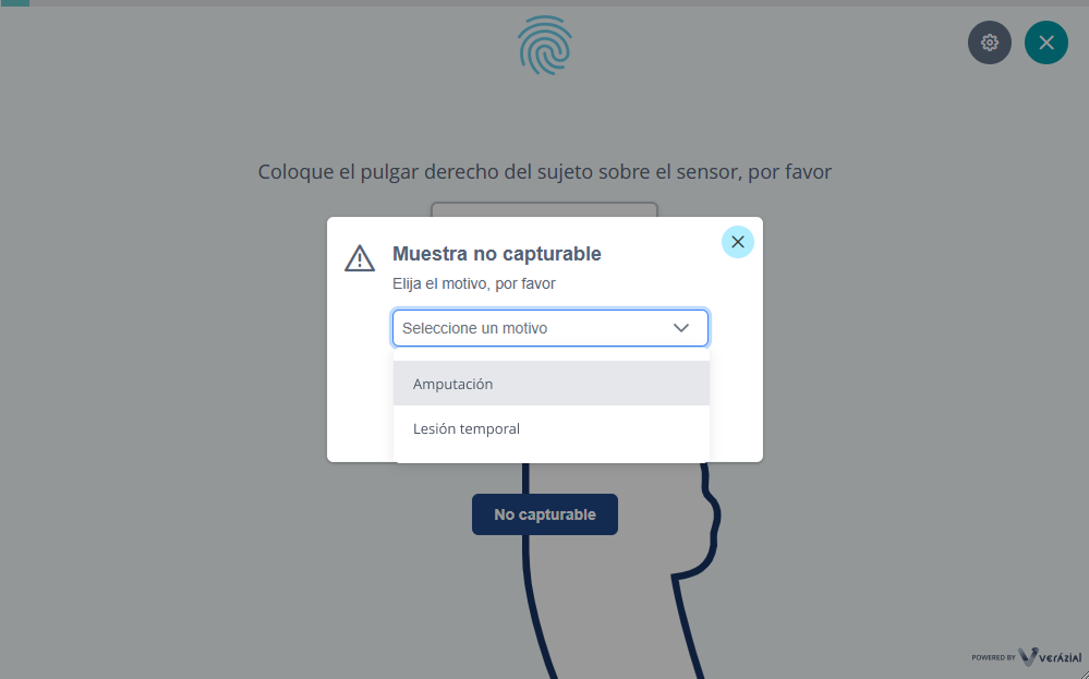 Ventana emergente en el widget mostrando lo motivos de no captura de una muestra biometrica