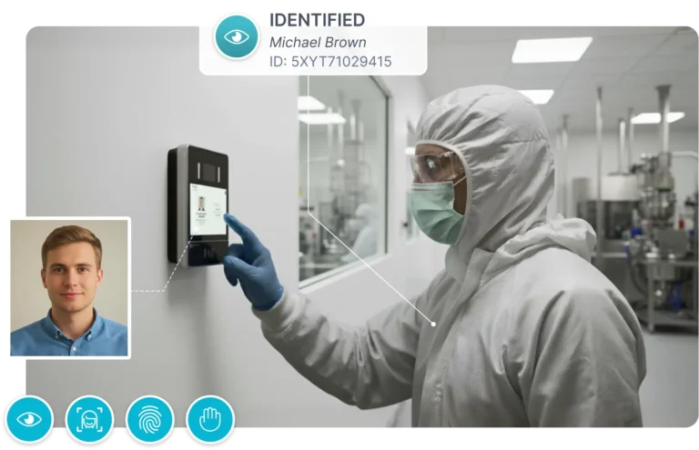 Recommended Translation: Verazial ID Match demonstration: multimodal biometric authentication of an operator in a protective suit within a controlled environment.